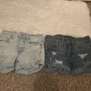 Aeropostale Women's Distressed Denim Shorts - Light Blue and Dark Blue